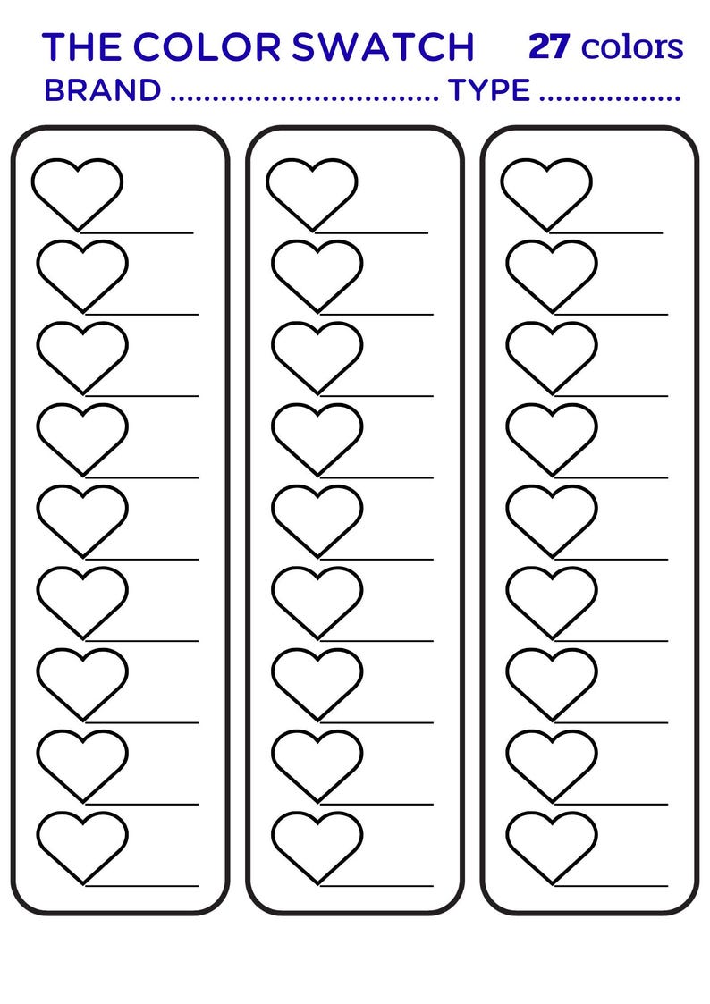 May include: A black and white color swatch chart with three columns of hearts. The text at the top reads "THE COLOR SWATCH 27 colors". Each heart has a line for writing. The chart is for color selection.