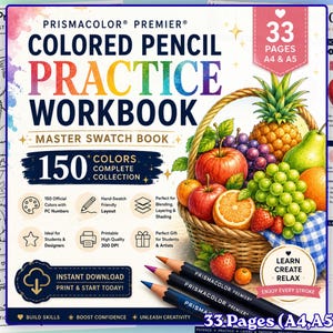 May include: A Prismacolor Premier colored pencil practice workbook and master swatch book featuring 33 pages in A4 and A5 sizes. The cover displays a basket of fruit, three colored pencils, and text detailing 150 colors and printability.