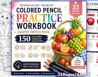 May include: A Prismacolor Premier colored pencil practice workbook and master swatch book featuring 33 pages in A4 and A5 sizes. The cover displays a basket of fruit, three colored pencils, and text detailing 150 colors and printability.