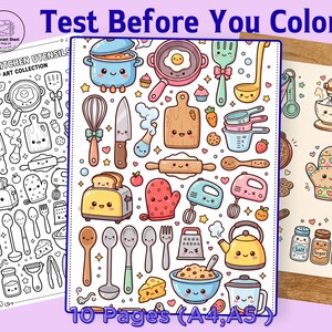 May include: A collection of kawaii-style kitchen utensil clip art, including a toaster, mixer, and measuring cups. The image also features the text "Test Before You Color" and "10 Pages (A4, A5)".