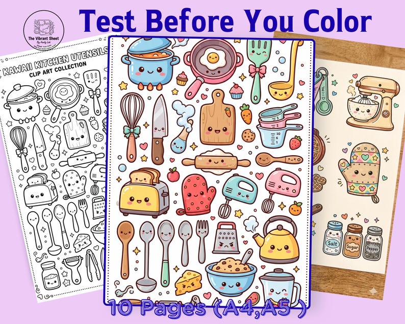 May include: A collection of kawaii-style kitchen utensil clip art, including a toaster, mixer, and measuring cups. The image also features the text "Test Before You Color" and "10 Pages (A4, A5)".