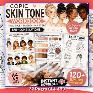 Puede incluir: Un cuaderno de trabajo para practicar y dominar la mezcla de tonos de piel con rotuladores Copic. La portada presenta ilustraciones de rostros diversos y el texto "120+ Combinaciones!". Disponible en tamaños A4 y A5.