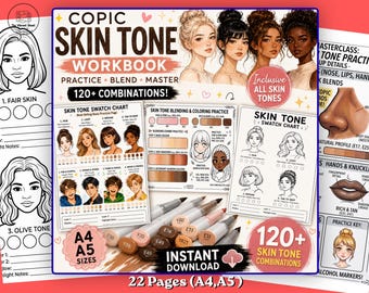 May include: A workbook for practicing and mastering skin tone blending with Copic markers. The cover features illustrations of diverse faces and the text "120+ Combinations!" The workbook is available in A4 and A5 sizes.
