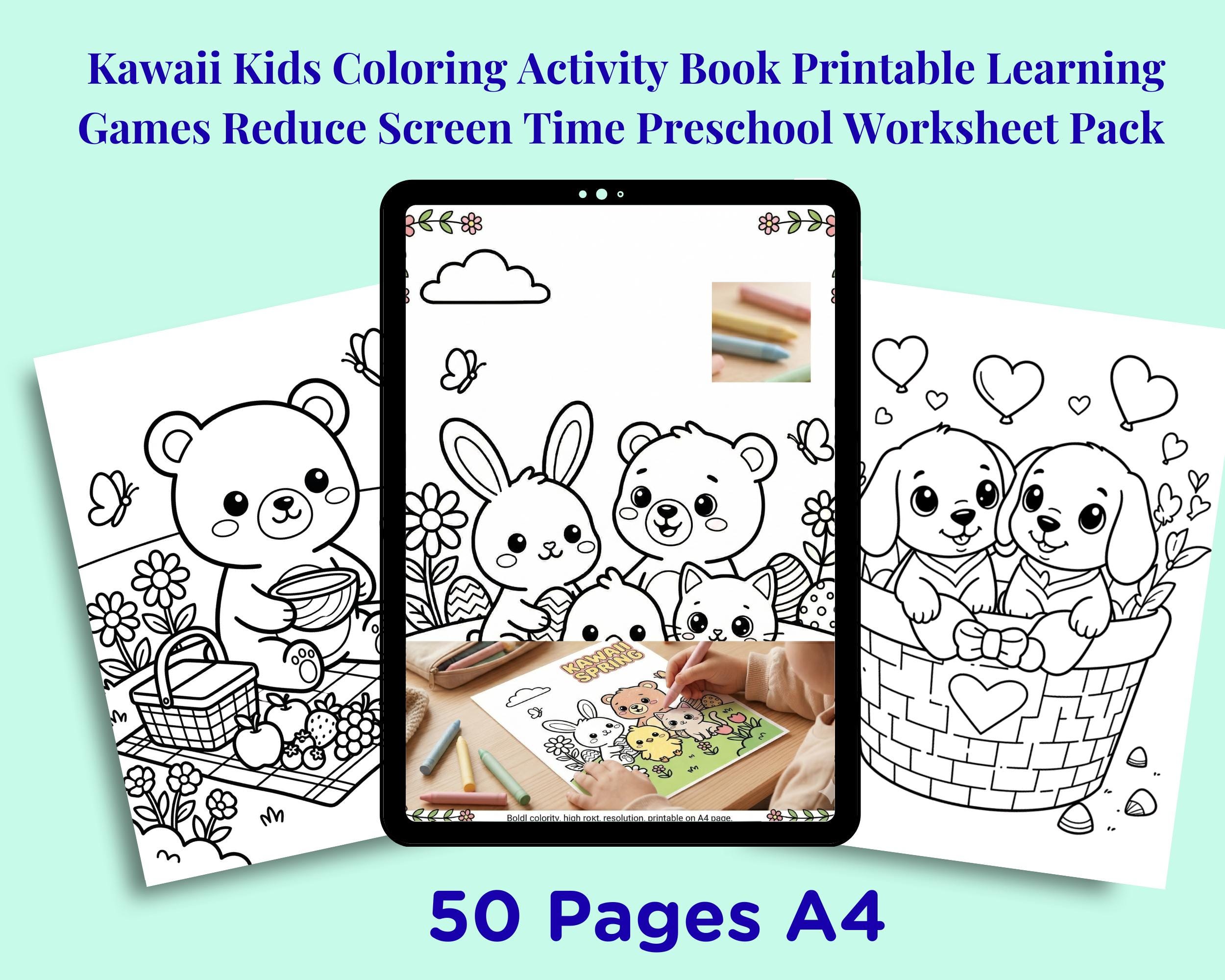 Kawaii Kids Coloring Activity Book Printable Learning Games Reduce ...
