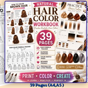 May include: A 39-page natural hair color workbook featuring step-by-step guides, hair formula trackers, and blending exercises. The pages include illustrations of various hairstyles, color swatches, and instructional text for A4 and A5 paper sizes.