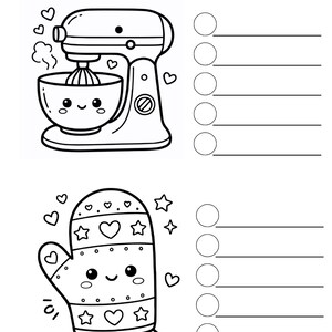 May include: Black and white line art coloring page with a mixer, oven mitt, flowers, and donuts. The page includes the text "COLOR SWATCH WITH BLACK LINE TEST", "BRAND", and "TYPE", with space for color swatches.