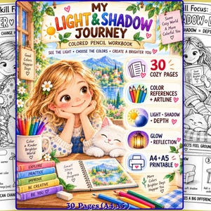 May include: A colored pencil workbook titled My Light & Shadow Journey featuring a blonde character and a white cat. The cover displays 30 cozy pages, color references, light and shadow techniques, glow reflection, and A4 plus A5 printable formats.