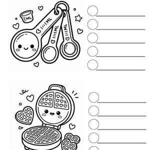 May include: Black and white line art coloring page featuring kitchen utensils and a waffle maker. The page includes measuring spoons, a waffle iron, and decorative elements like hearts, stars, flowers, and donuts. Text at the top reads "COLOR SWATCH WITH BLACK LINE TEST".