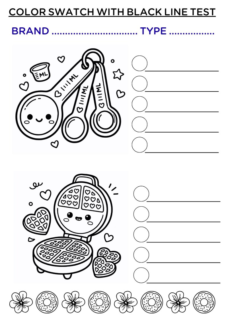 May include: Black and white line art coloring page featuring kitchen utensils and a waffle maker. The page includes measuring spoons, a waffle iron, and decorative elements like hearts, stars, flowers, and donuts. Text at the top reads "COLOR SWATCH WITH BLACK LINE TEST".