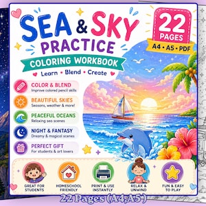 May include: A Sea & Sky Practice Coloring Workbook with 22 pages in A4 and A5 PDF formats. The cover features a sunset ocean scene with a sailboat, a dolphin, and hibiscus flowers, alongside text detailing coloring skills, themes, and usage benefits.