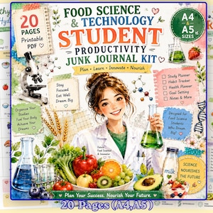 Puede incluir: Un kit de diario creativo imprimible titulado Food Science & Technology Student Productivity Junk Journal Kit, con una persona sonriente en bata de laboratorio, un microscopio, vasos de precipitados, frutas, verduras y listas de estudio.