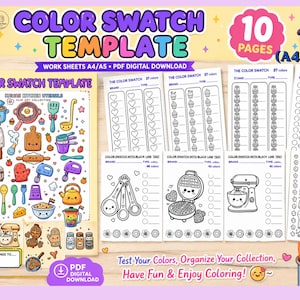 May include: A digital download color swatch template with 10 pages. The cover features Kawaii kitchen utensils. The template includes worksheets for A4/A5 sizes. The text reads: "Test Your Colors, Organize Your Collection, Have Fun & Enjoy Coloring!"