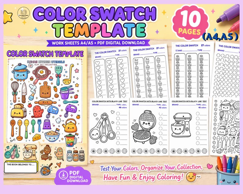May include: A digital download color swatch template with 10 pages. The cover features Kawaii kitchen utensils. The template includes worksheets for A4/A5 sizes. The text reads: "Test Your Colors, Organize Your Collection, Have Fun & Enjoy Coloring!"