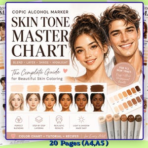 Puede incluir: Una guía Copic Alcohol Marker Skin Tone Master Chart con ilustraciones de rostros diversos, muestras de color y técnicas de mezcla. El documento incluye encabezados de texto, diagramas instructivos y seis marcadores etiquetados E00, E11, E21, E15, E18 y E49.