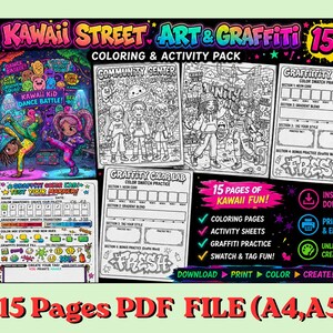 Può includere: Un download digitale colorato con un pacchetto di colorazione e attività "Kawaii Street Art & Graffiti". Il pacchetto include 15 pagine di divertimento, con pagine da colorare, fogli di attività e pratica di graffiti. Il design presenta personaggi dei cartoni animati.
