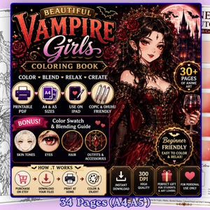 Halloween Vampire Girls Anime Coloring Book Beginner Blending Practice Color Swatch Guide Printable