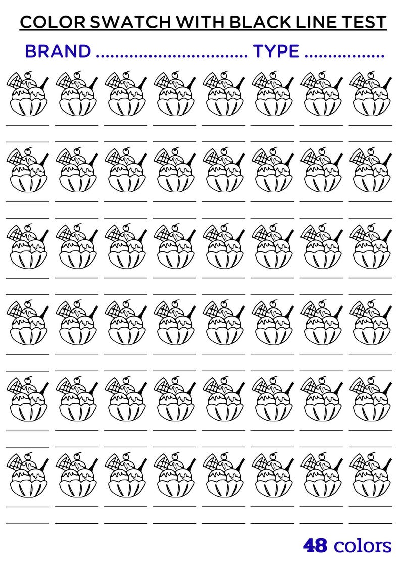 May include: Black and white color swatch test with the text "COLOR SWATCH WITH BLACK LINE TEST". The image features rows of ice cream sundae illustrations with spaces for color testing. The bottom right corner has the text "48 colors".