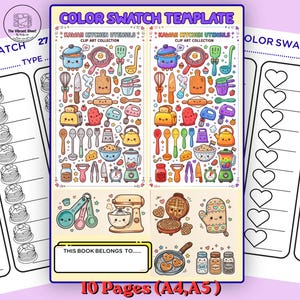 May include: A colorful template with Kawaii kitchen utensil clip art. The template includes illustrations of pots, pans, mixers, and other cooking tools. The text "COLOR SWATCH TEMPLATE" and "KAWAII KITCHEN UTENSILS CLIP ART COLLECTION" are visible.