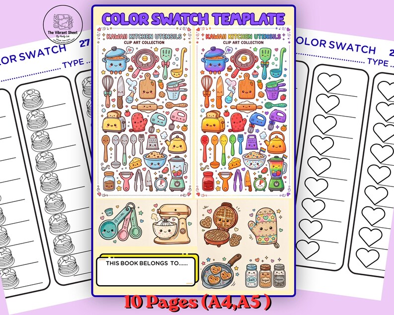 May include: A colorful template with Kawaii kitchen utensil clip art. The template includes illustrations of pots, pans, mixers, and other cooking tools. The text "COLOR SWATCH TEMPLATE" and "KAWAII KITCHEN UTENSILS CLIP ART COLLECTION" are visible.