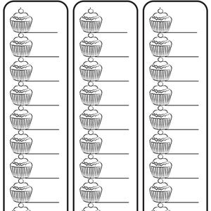 May include: Black and white color swatch sheet with the text "THE COLOR SWATCH 27 colors". The sheet has three columns of cupcake illustrations with lines for "BRAND" and "TYPE" labels.