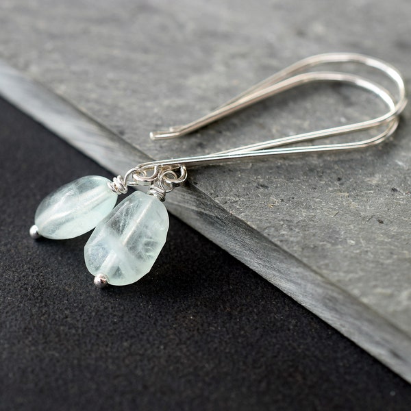 Green Fluorite and Sterling Silver Earrings, Long Pale Green Stone Earrings, Gemstone Nugget Earrings