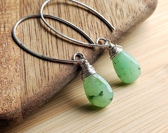 Chrysoprase Sterling Silver Earrings: Wire Wrapped Mint Green Chalcedony