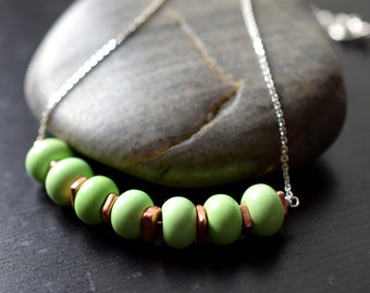 Lime Green Chrysoprase Bar Necklace in Sterling Silver and Copper, Green Stone Bead Bar Necklace