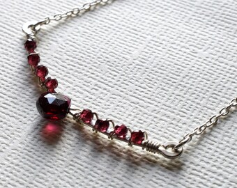 Red Garnet Bar Necklace in Sterling Silver, Raspberry Red Gemstone Necklace, January Birthstone Beaded Bar Necklace