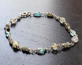 Aquamarine and Apatite Bracelet, Sterling Silver Wire Wrapped Mixed Gemstone Bracelet, Blue Green Delicate Beaded Chain Bracelet