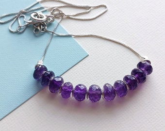 Amethyst Necklace in Sterling Silver, Purple Gemstone Bead Slide Necklace, February Birthstone