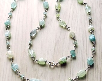 Aquamarine and Sterling Silver Necklace, Wire Wrapped Natural Aquamarine Pebble Necklace, Rustic Pale Blue Green Stone Bead Link Chain