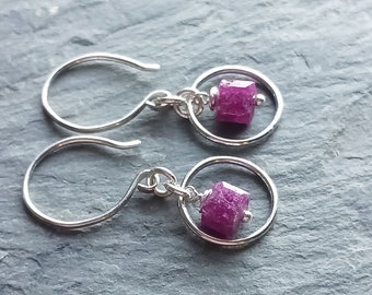 Natural Ruby and Sterling Silver Circle Earrings, Raspberry Pink Gemstone Cube Earrings, July Birthstone