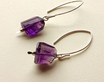 Amethyst and Sterling Silver Earrings, Long Purple Gemstone Nugget Earrings, February Birthstone