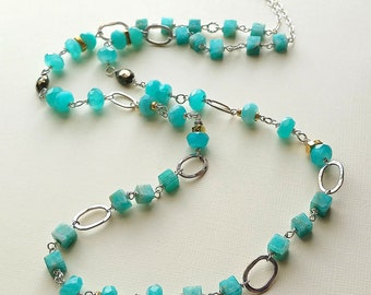 Amazonite and Sterling Silver Necklace with Pyrite and 24k Gold Beads, Long Wire Wrapped Amazonite Bead Chain Necklace