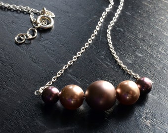 Brown Pearl Bar Necklace in Sterling Silver, Bronze Swarovski Pearl Beaded Bar Necklace