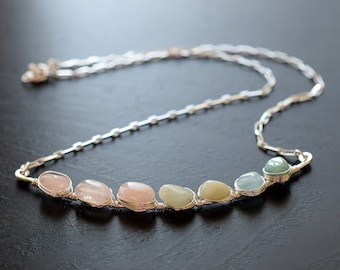 Natural Aquamarine Bar Necklace Wire Wrapped in Sterling Silver, Mixed Beryl Pebble Necklace, Wire Wrapped Gemstone Bar Necklace