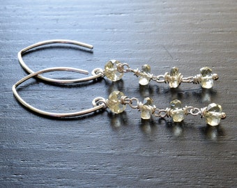 Long Sterling Silver Citrine Earrings: Wire Wrapped Lemon Quartz