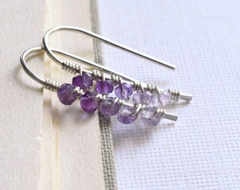 Amethyst and Sterling Silver Open Hoop Earrings, Ombre Purple Gemstone Silver Wire Threader Hoops, Wire Wrapped Arc Earrings