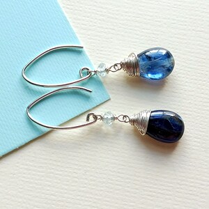 Kyanite and Sterling Silver Earrings, Wire Wrapped Cobalt Blue Gemstone Earrings
