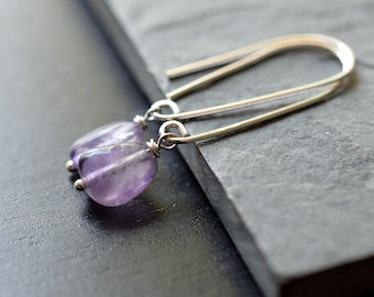 Purple Fluorite and Sterling Silver Earrings, Long Pale Purple Stone Earrings, Gemstone Nugget Earrings