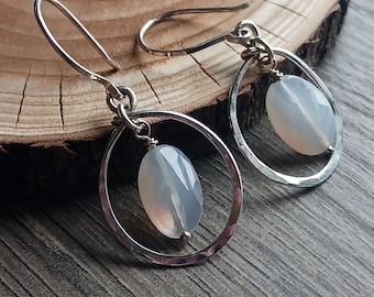 Pale Blue Chalcedony Sterling Silver Circle Earrings, Natural Chalcedony Stone Bead Hoop Earrings