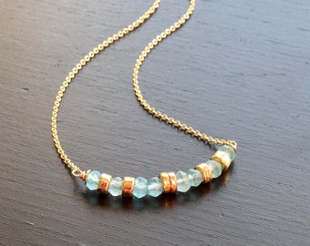 Sky Blue Apatite and Gold Bead Bar Necklace, Aqua Blue Gemstone Beaded Bar Necklace, Delicate Layering Necklace