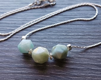 Amazonite Necklace in Sterling Silver, Turquoise Blue Stone Bead Slide Necklace, Faceted Amazonite Trio Necklace