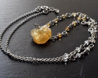 Natural Citrine Necklace in Sterling Silver, Wire Wrapped Ombre Citrine Bead Chain Necklace with Chunky Gemstone Pendant
