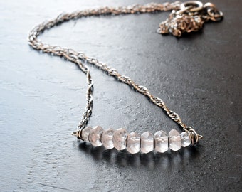 Rose Quartz Bar Necklace in Oxidized Sterling Silver, Pale Pink Gemstone Necklace, Delicate Beaded Bar Necklace