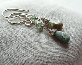 Green Kyanite Sterling Silver Earrings: Wire Wrapped Dangle Jewelry