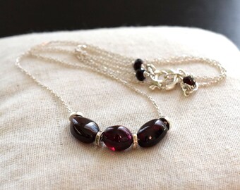 Red Garnet Necklace in Sterling Silver, Wine Red Garnet Pebble Bead Slide Necklace, Garnet Trio Necklace, January Birthstone
