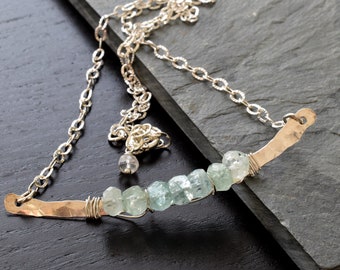 Aquamarine Bar Necklace in Sterling Silver, Blue Green Gemstone Beaded Bar Necklace, March Birthstone