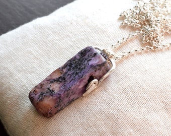 Charoite Necklace in Sterling Silver, Natural Purple Stone Necklace, Silver Framed Russian Charoite Slab Pendant Necklace