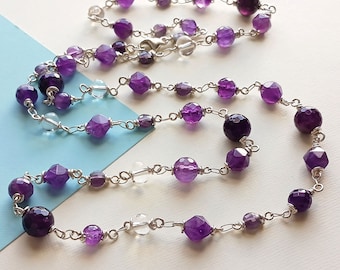 Purple Amethyst and Sterling Silver Necklace, Wire Wrapped Amethyst Bead Chain Necklace, Long Stone Bead Necklace